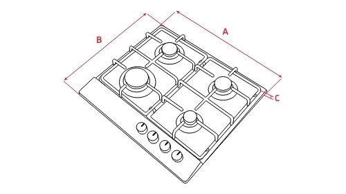 Schematyczny rysunek płyty gazowej z czterema palnikami i pokrętłami z przodu. Oznaczenia wymiarów A, B i C są zaznaczone czerwonymi liniami.