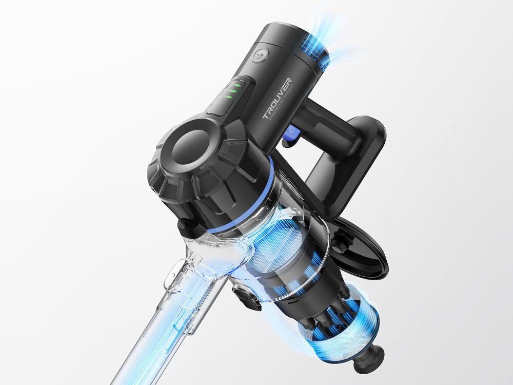 Obraz przedstawia czarny odkurzacz ręczny z przezroczystym pojemnikiem na kurz i niebieskimi elementami. Na urządzeniu widoczne jest logo \'TROUVER\'.