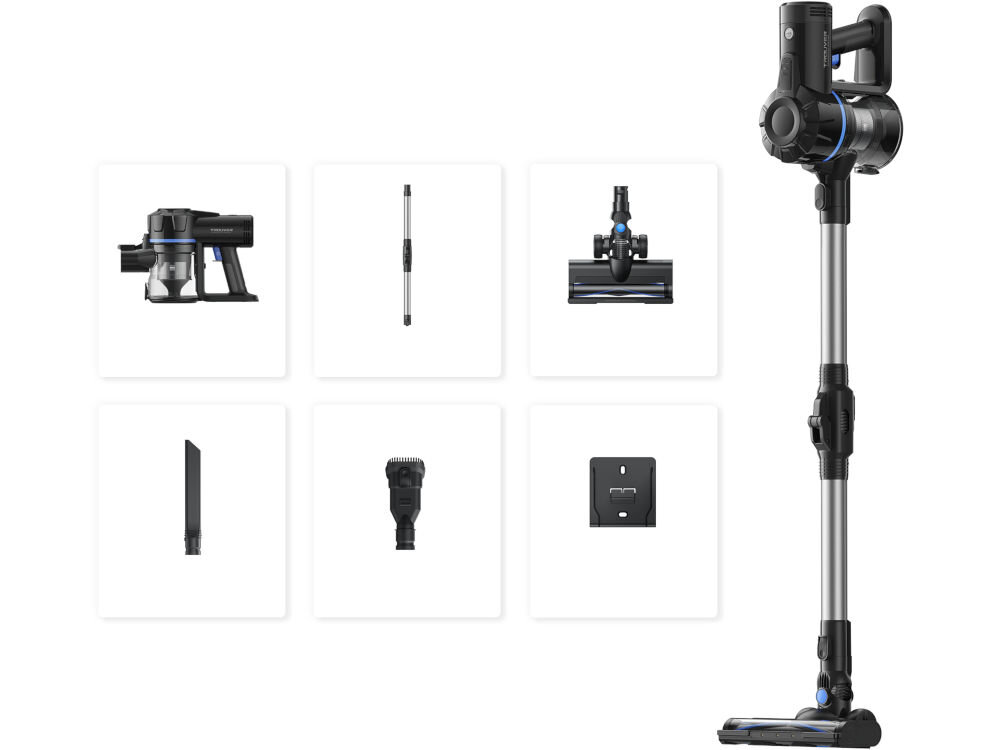 Zdjęcie przedstawia odkurzacz pionowy z różnymi akcesoriami, w tym szczotkami i rurą przedłużającą. Odkurzacz jest w kolorze czarnym z niebieskimi akcentami.