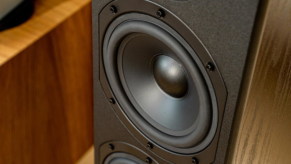 Zbliżenie na czarną kolumnę głośnikową z widocznymi dwoma okrągłymi głośnikami. Obudowa wykonana z materiału przypominającego MDF, w tle widoczny fragment drewnianej powierzchni.