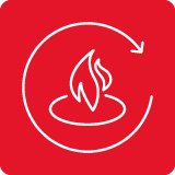 Czerwony kwadrat z białym symbolem płomienia otoczonym strzałką w kształcie koła.