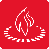 Czerwony kwadrat z białym symbolem płomienia otoczonym okręgiem przypominającym palnik gazowy.