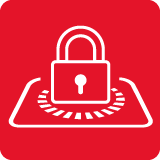 Czerwony kwadrat z białą ikoną kłódki umieszczoną na okrągłej podstawie z zaznaczonymi kreskami wokół.