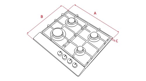 Schematyczny rysunek płyty gazowej z czterema palnikami i pokrętłami do regulacji. Wymiary oznaczone są literami A, B i C.