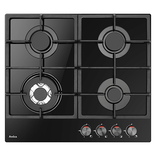 Czarna płyta gazowa z czterema palnikami i metalowymi rusztami. Na dole widoczne są cztery pokrętła oraz logo Amica.