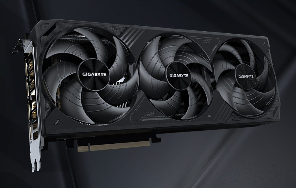 Karta graficzna GIGABYTE GeForce RTX 5080 Windforce OC SFF 16GB DLSS 4 Karta graficzna Gigabyte GeForce RTX 5080 Windforce OC SFF 16GB w ujęciu na czarnym tle