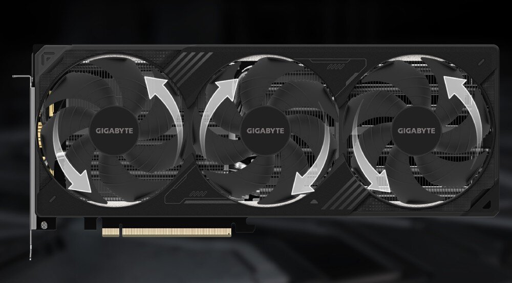 Karta graficzna GIGABYTE GeForce RTX 5080 Windforce OC SFF 16GB DLSS 4 Ilustracja działania wentylatorów z zaznaczonym ruchem powietrza. Strzałki wskazują kierunek obrotu, co podkreśla technologię naprzemiennego obracania, poprawiającą przepływ powietrza i wydajność chłodzenia