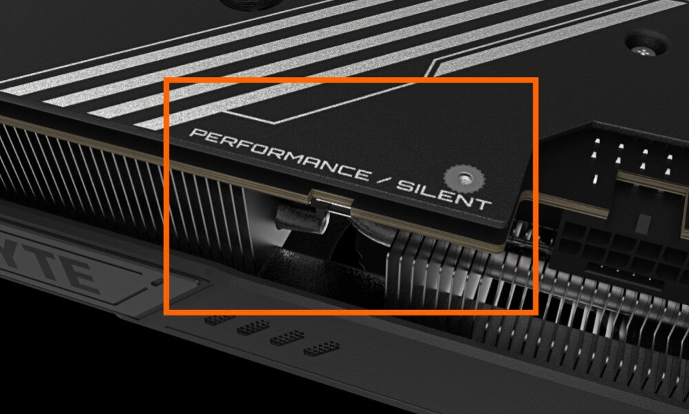 Karta graficzna GIGABYTE GeForce RTX 5080 Windforce OC SFF 16GB DLSS 4 Zbliżenie na przełącznik trybu BIOS. Wyróżnione pole oznacza możliwość wyboru między trybem Performance zapewniającym maksymalną moc a trybem Silent redukującym hałas wentylatorów