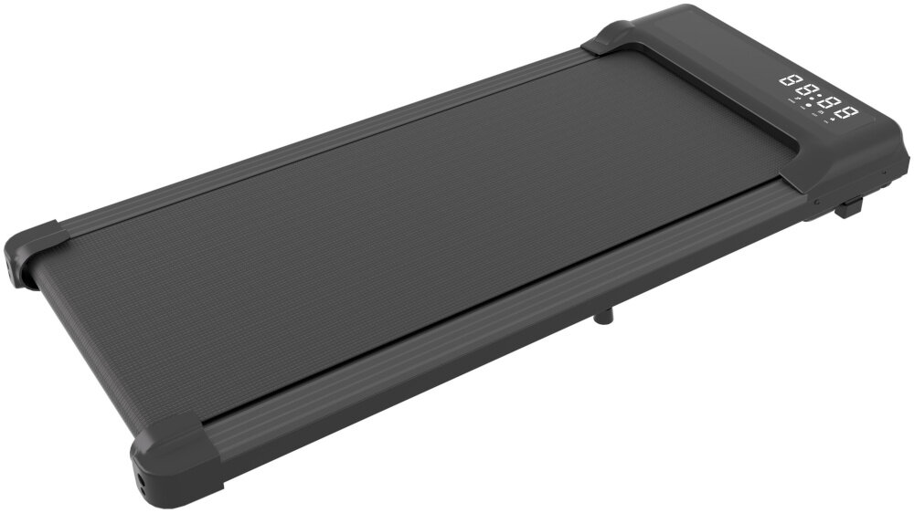 Bieżnia elektryczna EXTRALINK Moonwalk Luna EX.91377 6km-h bieżnia na białym tle widoczna pod skosem można trenować w mieszkaniu do spokojnych spacerów truchtu lekkiego biegu regulacja prędkości od 1 do 6 km/h można poprawić kondycję zadbać o sylwetkę spalać kalorie ułatwia budowanie zdrowych nawyków i oszczędza czas