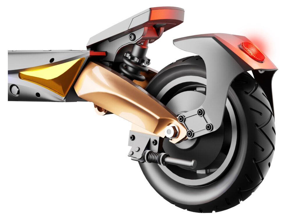 Obraz przedstawia tylne koło hulajnogi elektrycznej z miedzianym zawieszeniem i amortyzatorem. Widoczny jest także czerwony odblask na błotniku.