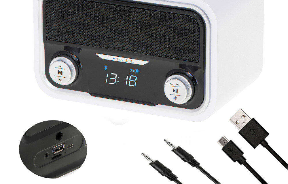 Radio ADLER AD 1185 Radio FM stacje zakres od 87,5 do 108 MH wejście AUX USB karta pamięci Micro SB pamięć 50 stacji