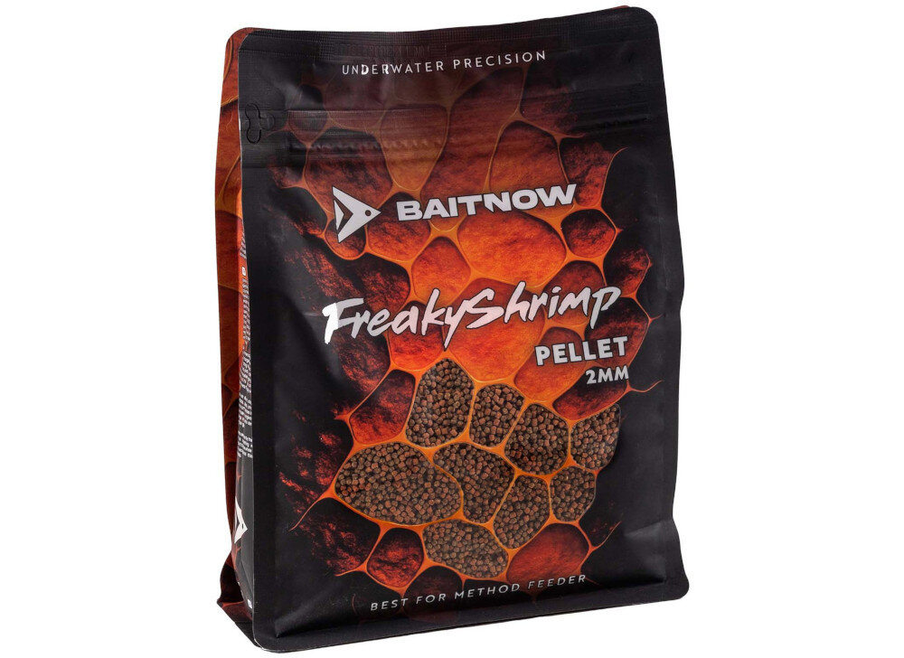Pellet BAITNOW Freaky Shrimp 2 mm (800 g) na białym tle widoczne opakowanie pelletu