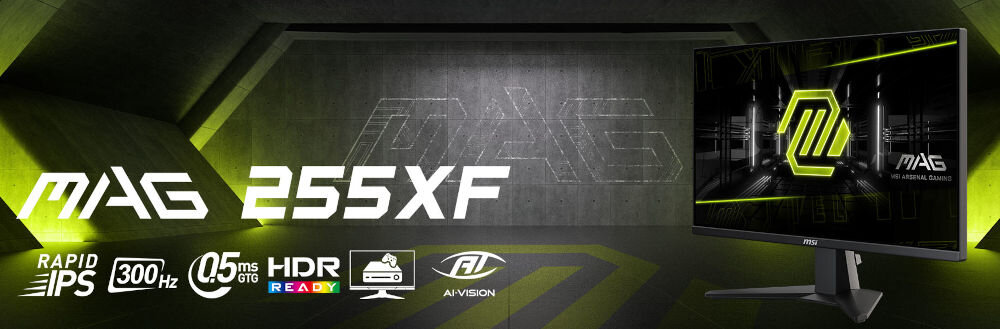 Obraz przedstawia monitor z logo MSI, obok którego widnieje napis \'MAG 255XF\'. Na dole znajdują się ikony z tekstem: \'Rapid IPS\', \'300 Hz\', \'0.5 ms GTG\', \'HDR Ready\', \'AI Vision\'.