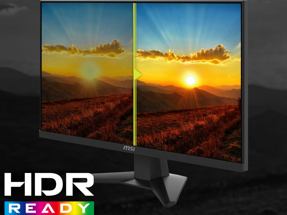 Monitor wyświetla krajobraz z zachodzącym słońcem, podzielony na dwie części z różnym poziomem jasności. Na dole ekranu widnieje napis \'HDR READY\'.