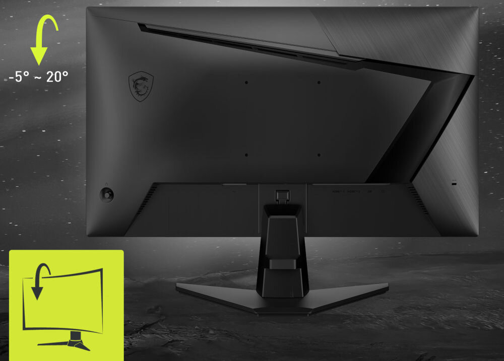 Monitor z tyłu z logo producenta, ustawiony na podstawce. Obok widoczna jest grafika z ikoną monitora i tekstem \'-5° ~ 20°\'.