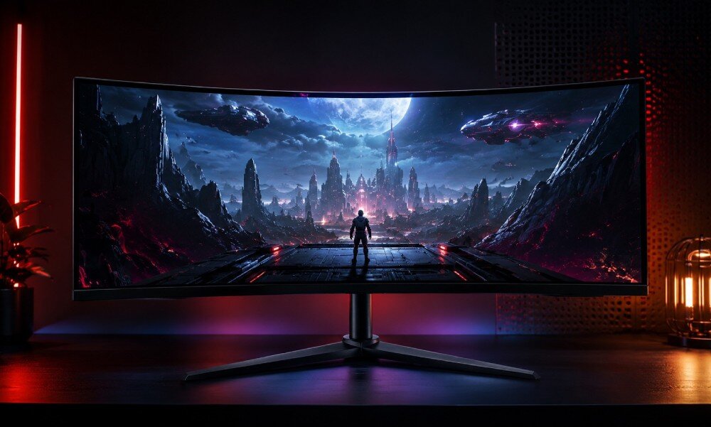 Monitor ACER Nitro XZ340CURW0BMIIPHX Szeroki, zagięty ekran na podstawce stojący na biurku, wyświetlający postać w kosmicznym otoczeniu z widokiem na planetę i statki