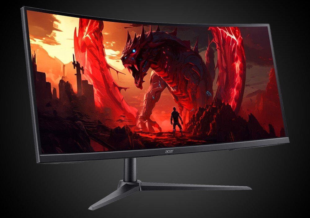 Monitor ACER Nitro XZ340CURW0BMIIPHX Zagięty ekran na trzyramiennej podstawie widziany pod kątem, wyświetlający grafikę z czerwoną postacią i smokiem