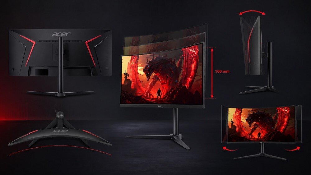 Monitor ACER Nitro XZ340CURW0BMIIPHX Schemat techniczny ukazujący regulację wysokości o 100 mm, nachylenia oraz obrotu na przykładzie zagiętego ekranu