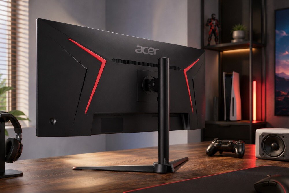 Monitor ACER Nitro XZ340CURW0BMIIPHX Tył zagiętego ekranu na biurku, ze stylowymi wstawkami, widocznym logo marki oraz regulowaną nogą podstawki