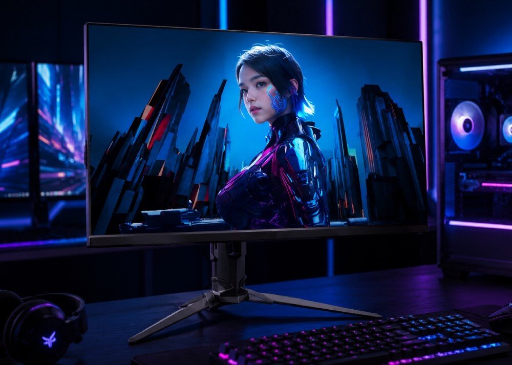 Monitor ACER Predator XB273UX2BMIIPRX Monitor komputerowy stojący na biurku, wyświetlający grafikę z postacią w futurystycznym otoczeniu, w otoczeniu klawiatury i słuchawek
