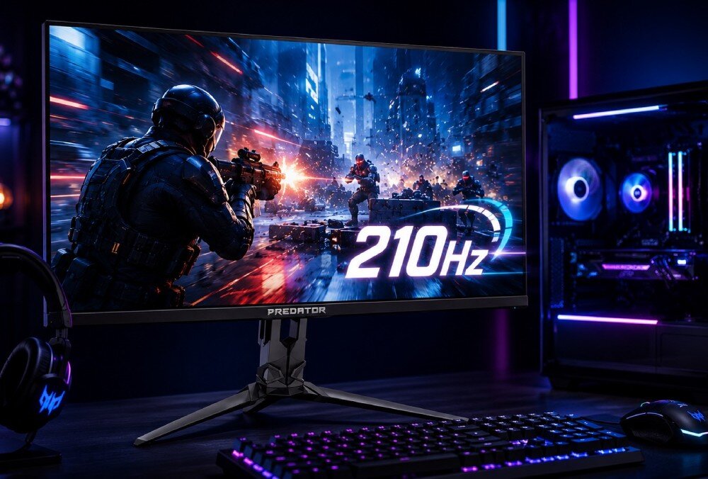 Monitor ACER Predator XB273UX2BMIIPRX Monitor z wyświetlaną dynamiczną grafiką z gry wojennej oraz dużym napisem '210Hz' na ekranie
