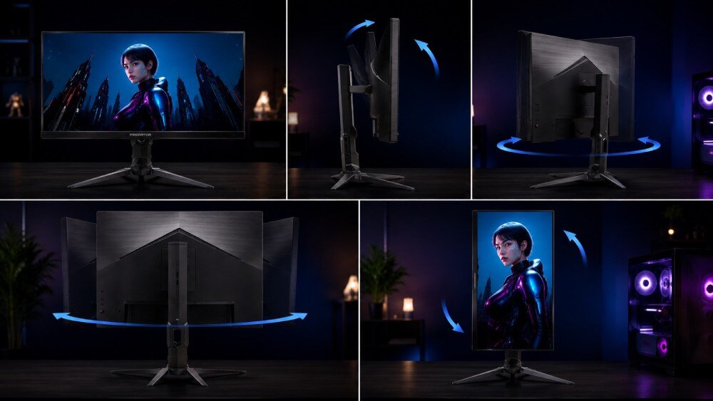 Monitor ACER Predator XB273UX2BMIIPRX Zestawienie pięciu ujęć pokazujących możliwości regulacji kąta nachylenia, obrotu i wysokości monitora