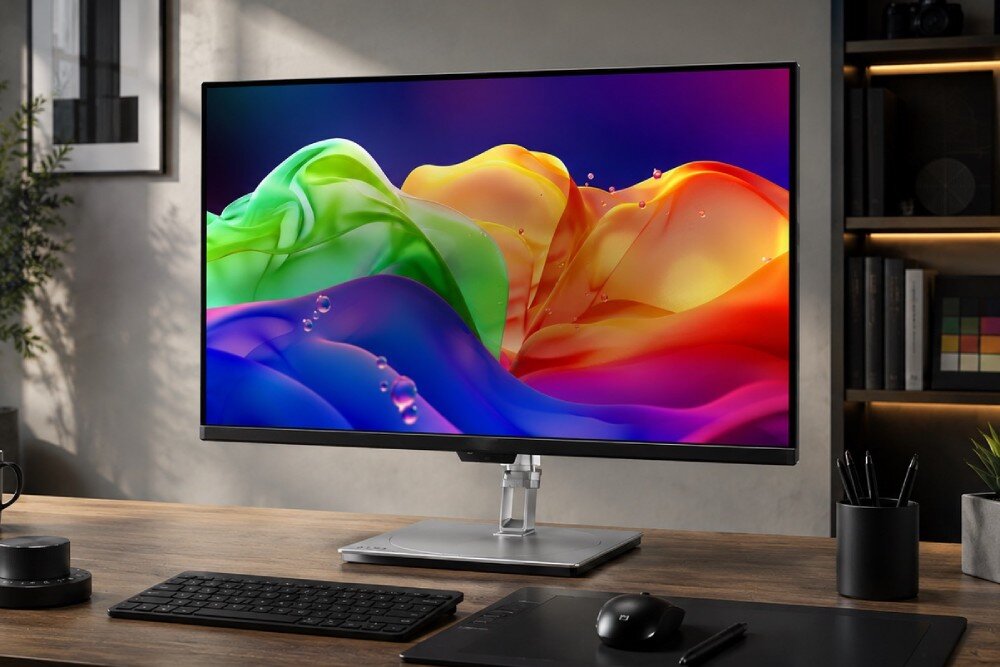 Monitor ACER ProDesigner PE320QKXSMIIPHUZX Monitor komputerowy z barwną grafiką na ekranie stoi na drewnianym biurku obok klawiatury, myszy i tabletu graficznego