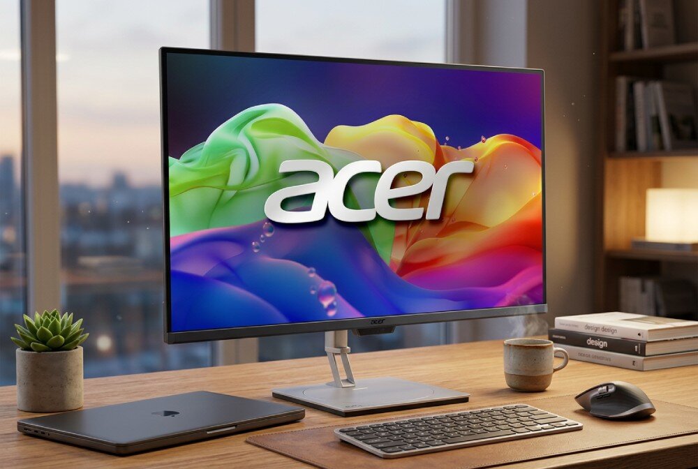 Monitor ACER ProDesigner PE320QKXSMIIPHUZX Monitor z napisem 'acer' stoi na biurku obok zamkniętego laptopa, klawiatury, myszy komputerowej oraz filiżanki