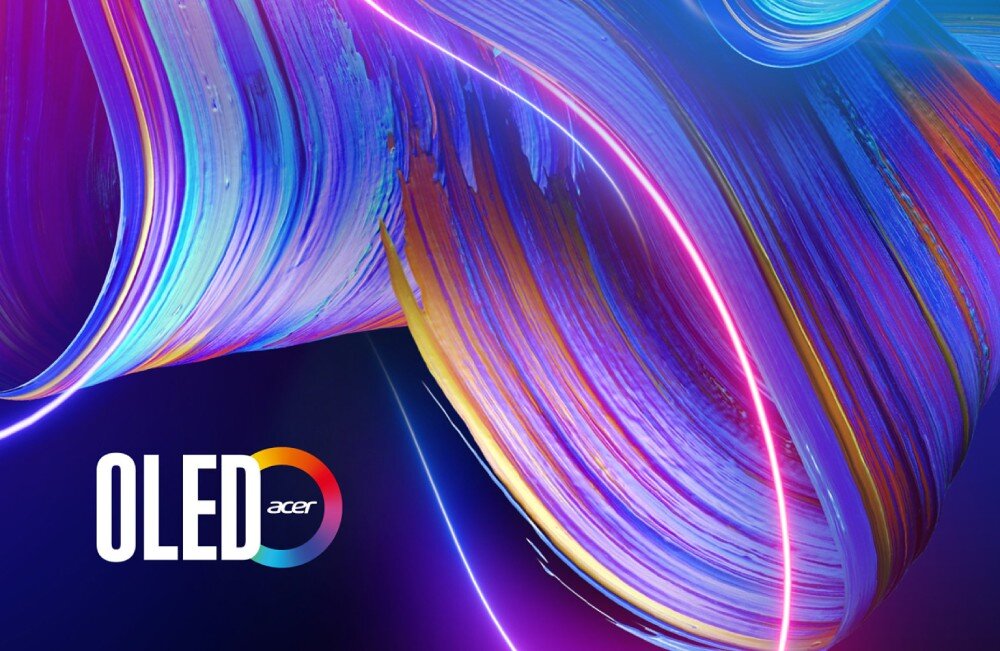 Monitor ACER ProDesigner PE320QKXSMIIPHUZX Grafika z napisem 'OLED' oraz logo marki przedstawiająca wielobarwne, zakręcone pociągnięcia pędzla