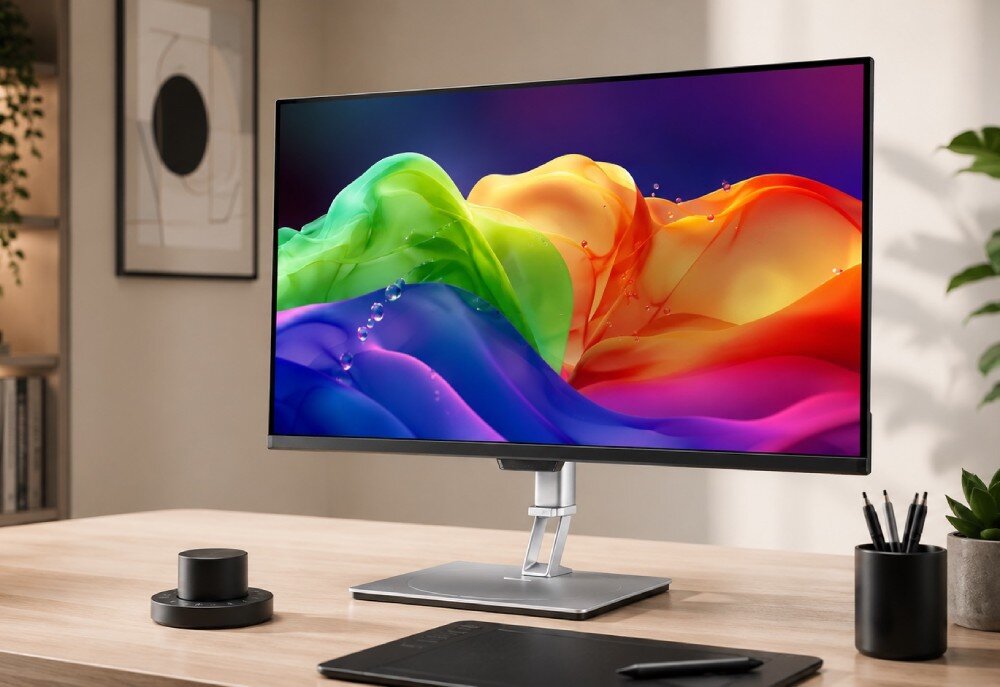 Monitor ACER ProDesigner PE320QKXSMIIPHUZX Monitor stojący na drewnianym biurku w jasnym pomieszczeniu, z widoczną w tle półką na książki i rośliną