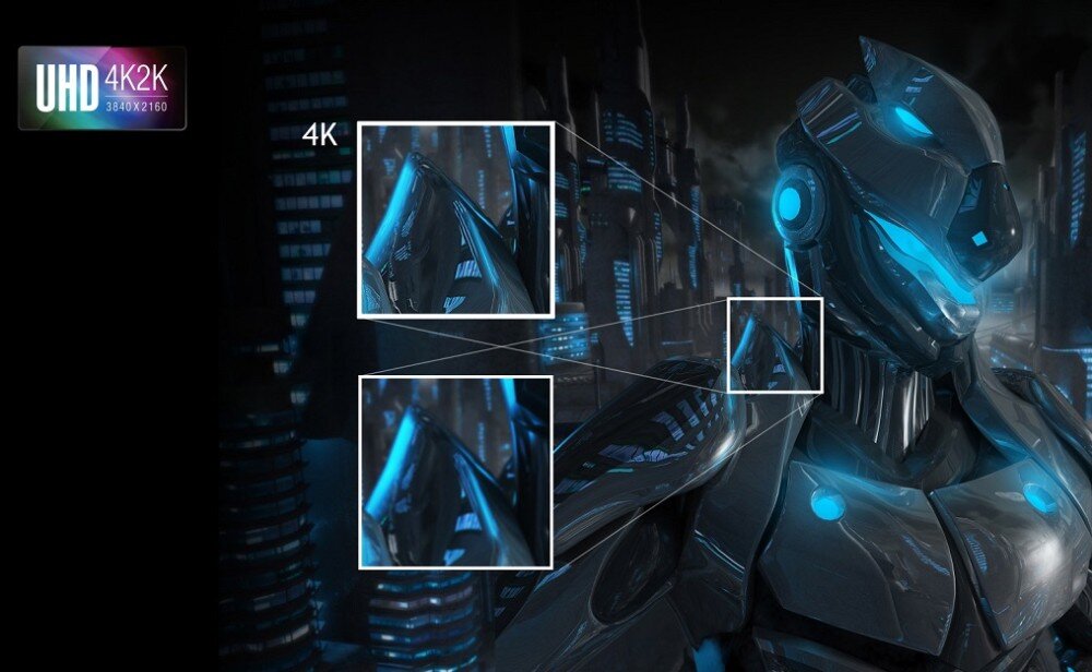 Obraz przedstawia futurystycznego robota z niebieskimi podświetleniami na tle miasta nocą. W lewym górnym rogu widnieje napis \'UHD 4K2K 3840x2160\'.