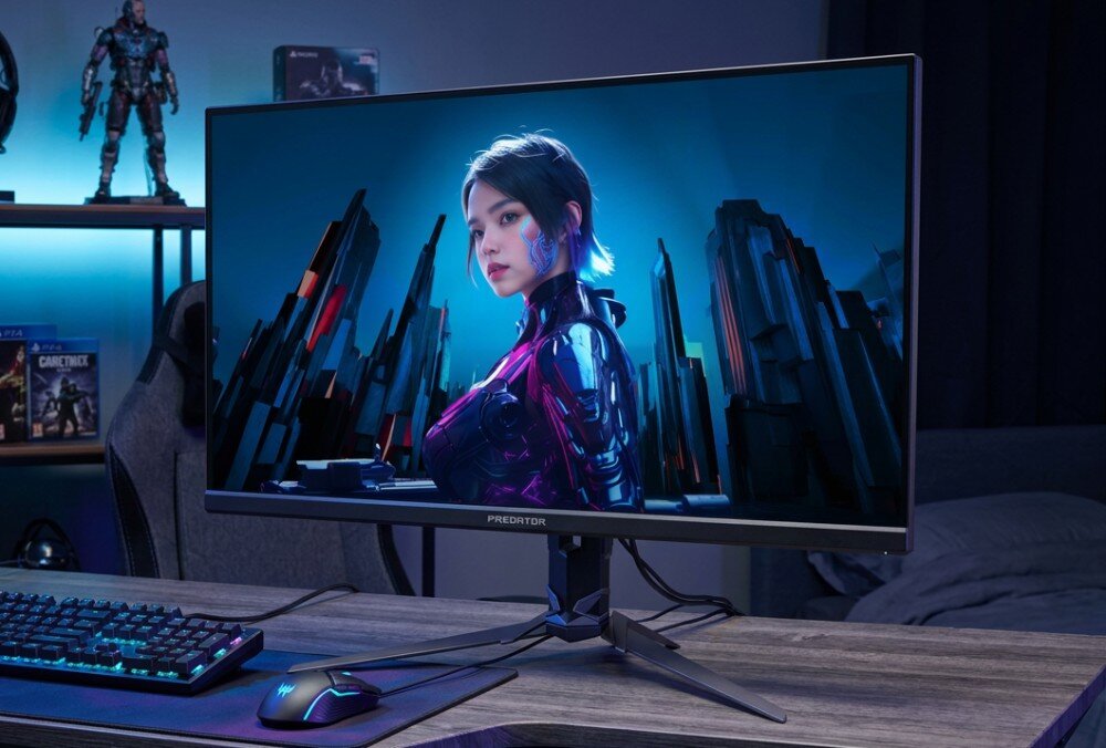 Monitor z wyświetlonym obrazem przedstawiającym postać w futurystycznym stroju na tle miasta. Na dolnej ramce monitora widoczne jest logo \'PREDATOR\'.