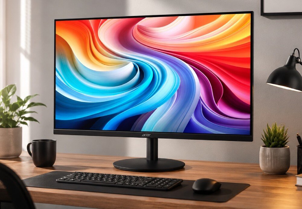 Monitor z kolorowym, abstrakcyjnym wzorem na ekranie stoi na drewnianym biurku obok klawiatury, myszy i rośliny doniczkowej. Na obudowie monitora widoczne jest logo \'acer\'.