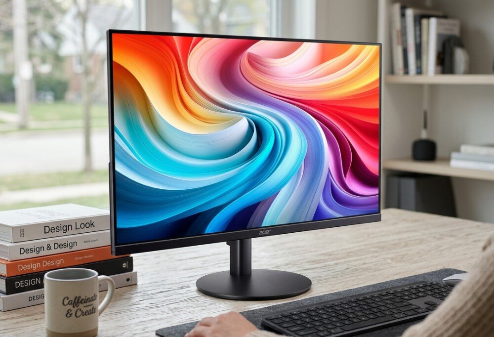 Monitor z kolorowym, abstrakcyjnym wzorem na ekranie stoi na biurku obok stosu książek z napisem \'Design Look\' i kubka z napisem \'Caffeine & Create\'.