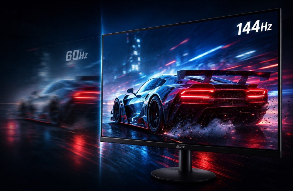 Monitor wyświetla dynamiczny obraz sportowego samochodu na tle rozmytego miasta, z widocznymi napisami \'60Hz\' i \'144Hz\'. Logo \'acer\' znajduje się na dolnej ramce monitora.