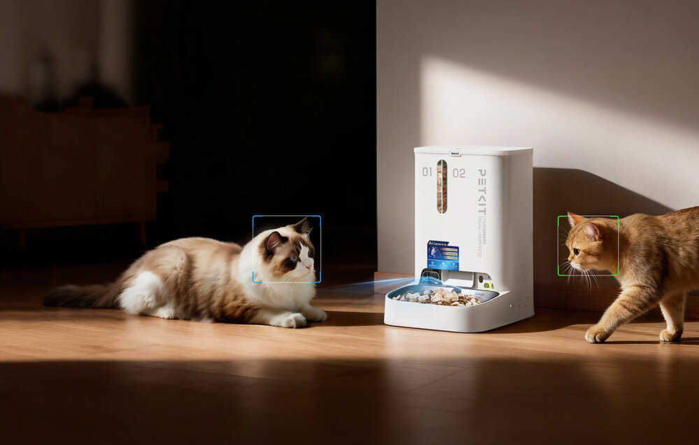 Dozownik karmy automatyczny PETKIT Yumshare Dual Hopper 2 Rozpoznaje domowych łasuchów sztuczna inteligencja Analiza ilości karmy prezentacja kamery na koty zdjęcie lifestyle