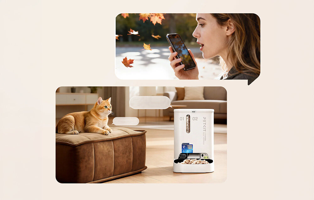 Dozownik karmy automatyczny PETKIT Yumshare Dual Hopper 2 Blisko pupila o każdej porze zdjęcia lifestyle na jednym kot leży na kanapie przy dozowniku na drugim osoba mówiąca do telefonu  w dzień i w nocy  Funkcja dwukierunkowego audio