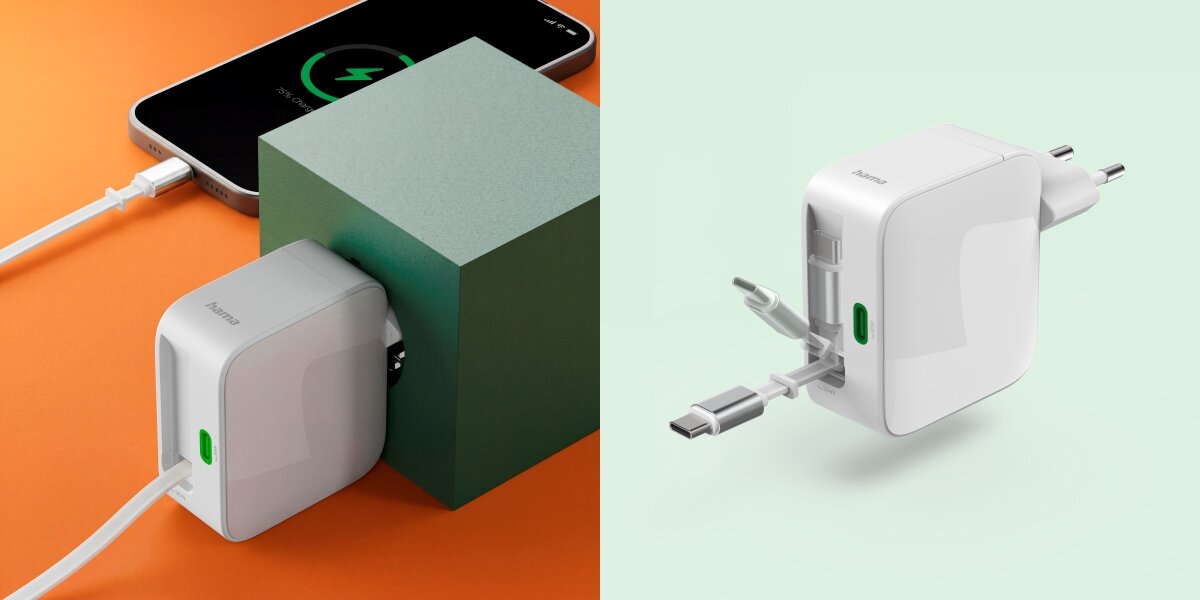 Obraz przedstawia białą ładowarkę sieciową z wtyczką i zintegrowanym kablem USB-C, podłączoną do gniazdka. Na ładowarce widoczne jest logo producenta oraz zielony wskaźnik.