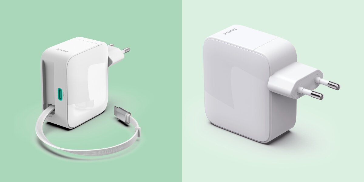Na obrazie widoczna jest biała ładowarka sieciowa z wtyczką i zintegrowanym kablem USB-C. Na ładowarce znajduje się logo \'Hama\'.