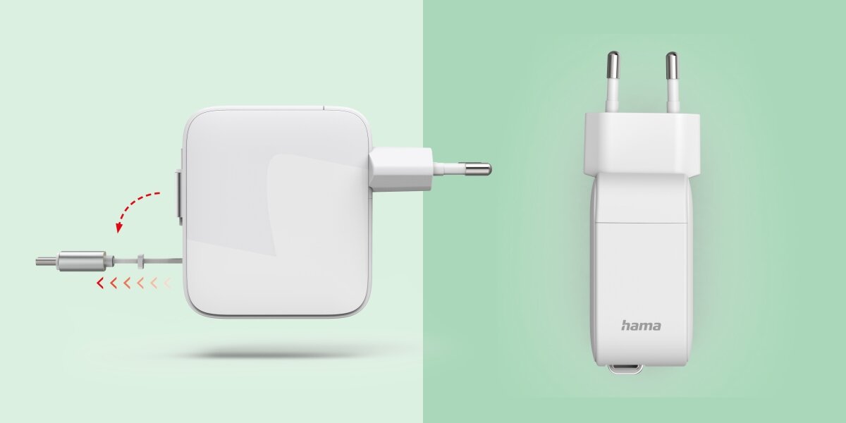 Obraz przedstawia białą ładowarkę sieciową z wtyczką USB-C oraz zintegrowanym kablem. Na ładowarce widoczne jest logo \'hama\'.