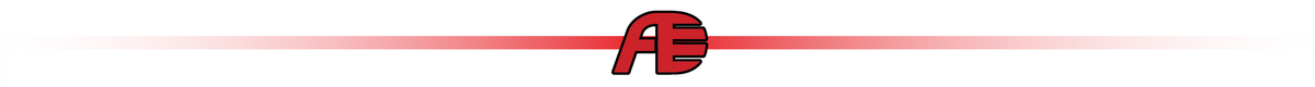 Logo z literami \'AE\' w kolorze czerwonym na tle z czerwonym gradientem.