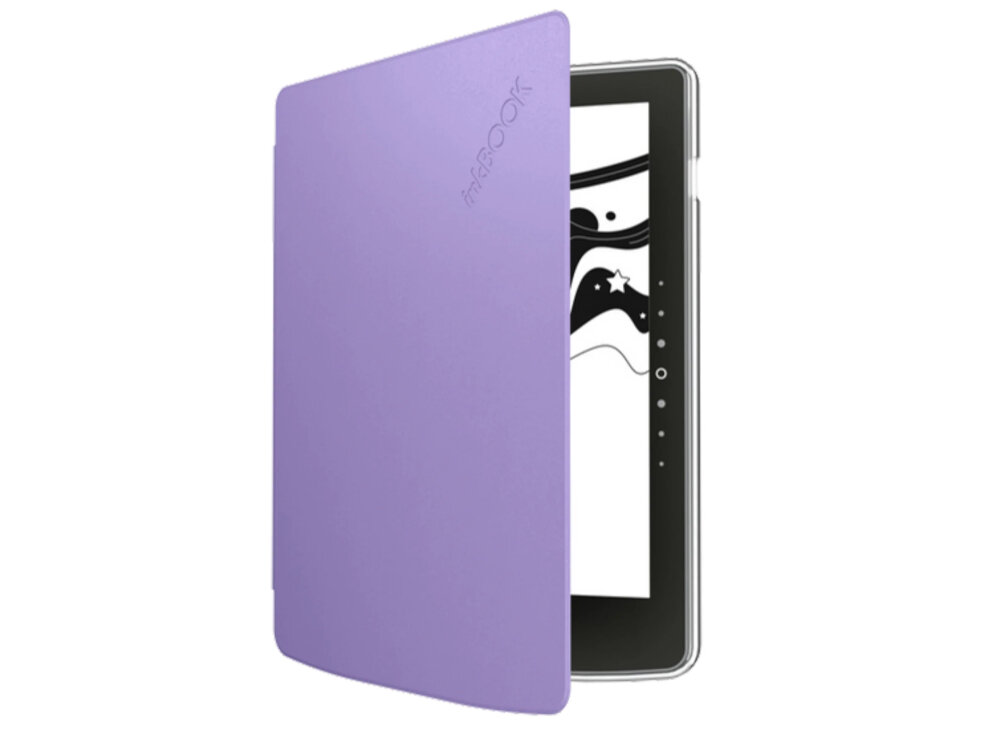 Fioletowe etui na czytnik z widocznym napisem \'inkBOOK\' na okładce. Wewnątrz znajduje się czytnik z wyświetlaczem pokazującym czarno-białą grafikę.