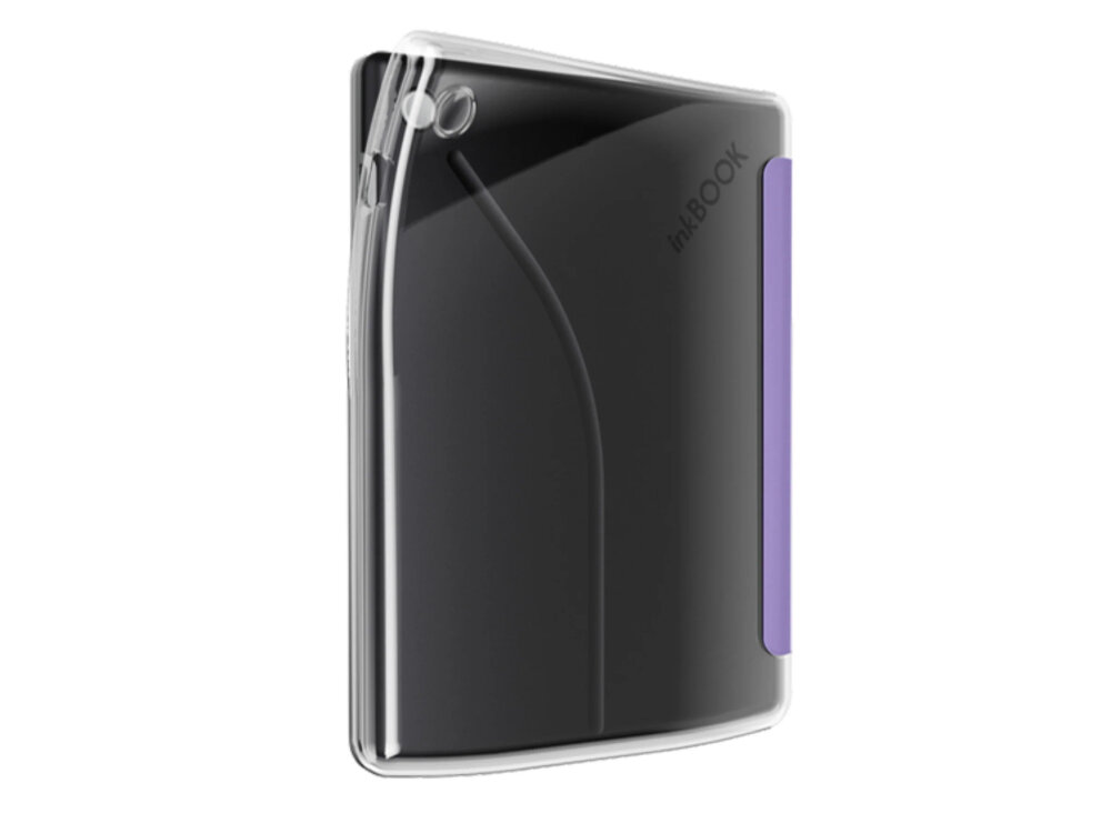 Etui na czytnik e-booków w kolorze fioletowym z przezroczystymi elementami. Na etui widoczny jest napis \'inkBOOK\'.