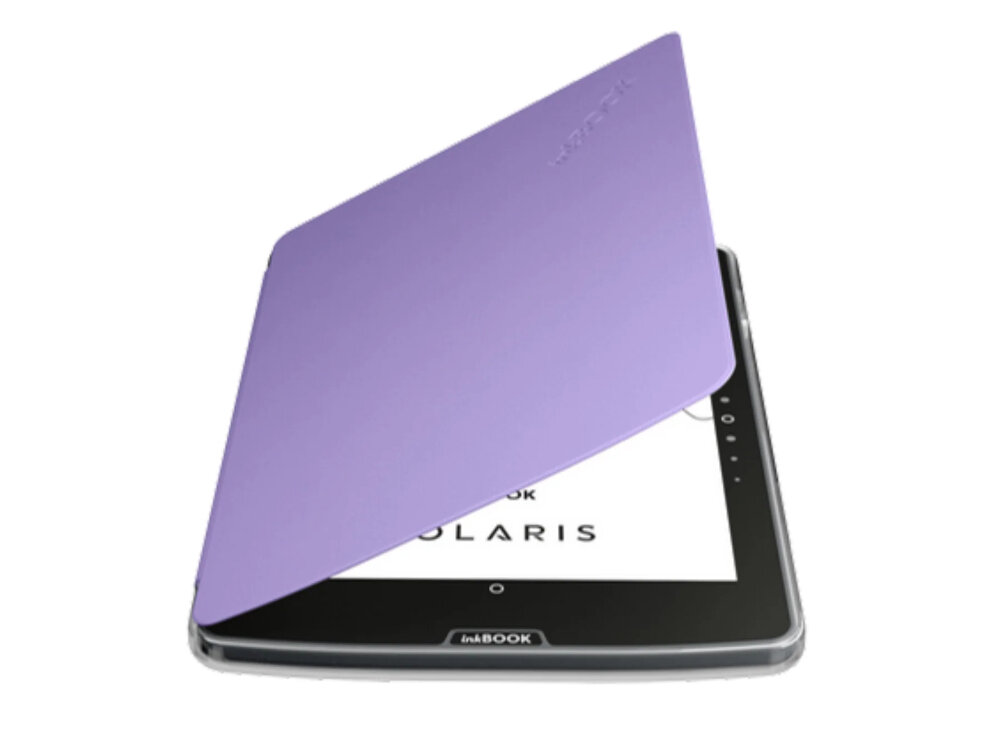 Fioletowe etui częściowo zakrywa ekran urządzenia z widocznym napisem \'SOLARIS\'. Na dolnej części urządzenia znajduje się logo \'inkBOOK\'.