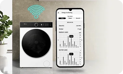 Na obrazie znajduje się pralka z dużym, czarnym bębnem oraz smartfon z aplikacją pokazującą zużycie energii i wody. Nad pralką widoczna jest ikona sygnalizująca połączenie Wi-Fi.