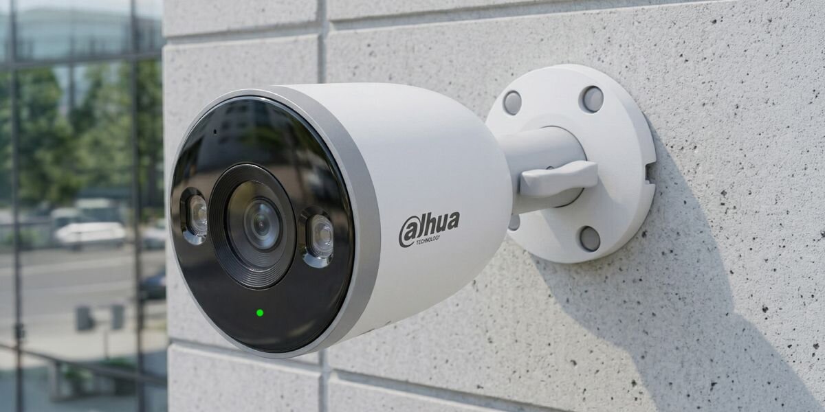 Kamera zewnętrzna zamontowana na ścianie budynku, z widocznym logo \'dahua technology\'.
