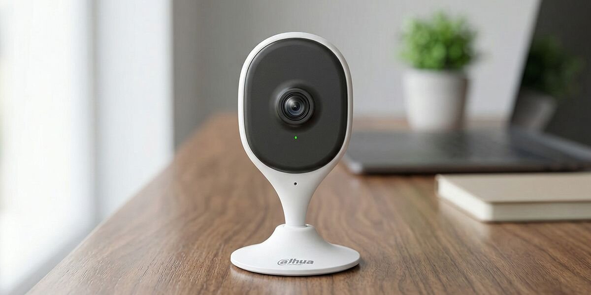 Kamera DAHUA C5A Wewnętrzna, Wi-Fi, AI, detekcja, alarm, dźwięk, Kamera Dahua C5A na biurku, w tle roślina i laptop.