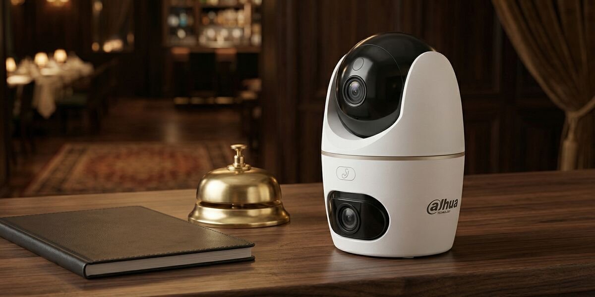 Kamera DAHUA H5D-5F Dual Wewnętrzna, Wi-Fi / LAN, Kamera obrotowa, strefy, bez martwych, Wi-Fi 6, AI, Dahua H5D-5F na recepcji, ochrona mienia, kamera dwuobiektywowa.