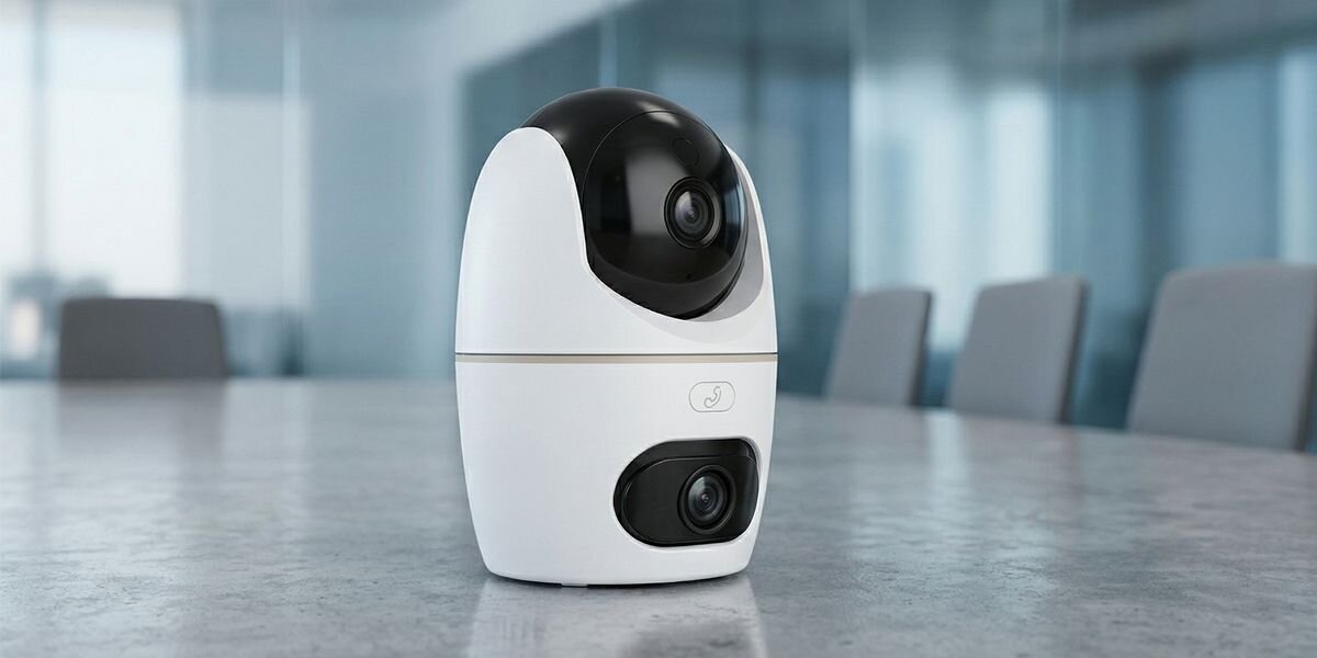 Kamera DAHUA H5D-5F Dual Wewnętrzna, Wi-Fi / LAN, Kamera obrotowa, alarm, audio, prywatność, obiektyw, Kamera Dahua H5D-5F w biurze, monitoring sali konferencyjnej.