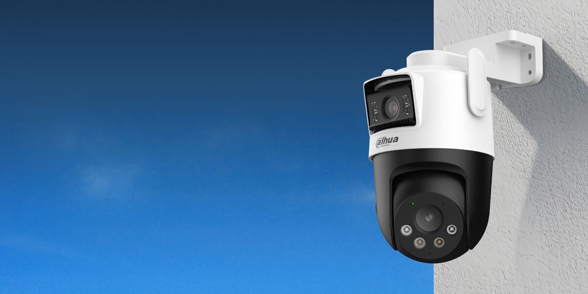 Kamera DAHUA P3D-3F-PV Zewnętrzna, Wi-Fi / LAN, Kamera obrotowa, monitoring, strefy, kamera, podgląd, Kamera Dahua Dual na białej ścianie, monitoring 360 stopni.